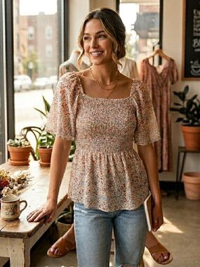 Beige Floral Smocked Square-Neck Peplum Blouse